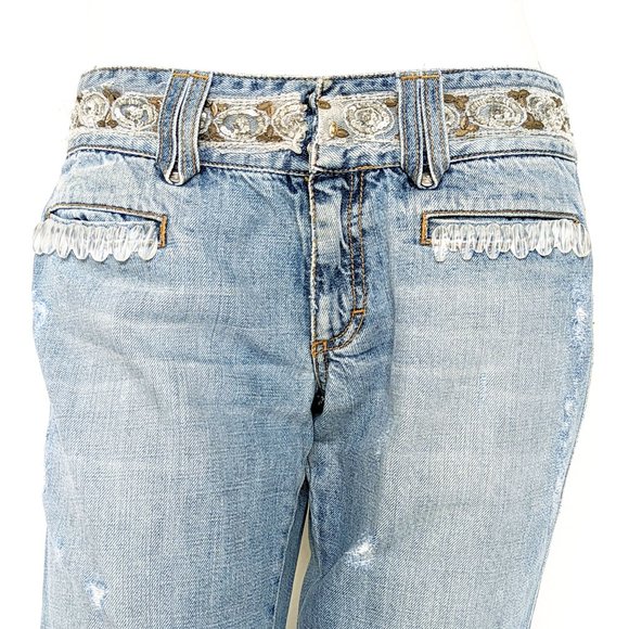Blumarine Denim - Blumarine Low Rise Light Wash Beaded Embellished Bootcut Distressed Jeans